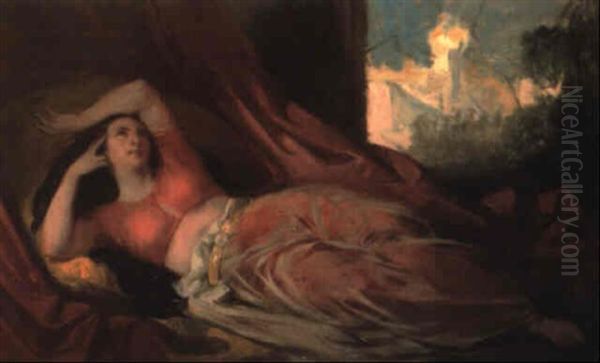 Odalisque Au Corsage Rouge Oil Painting by Eugene Deveria