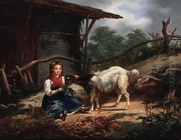 Walliser Madchen Futtert Eine Ziege Vor Einer Malerischen Kate Oil Painting by Joseph Henri Deville