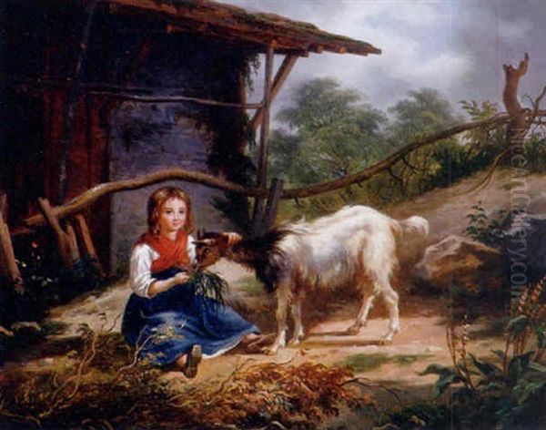 Walliser Madchen Futtert Eine Ziege Oil Painting by Joseph Henri Deville