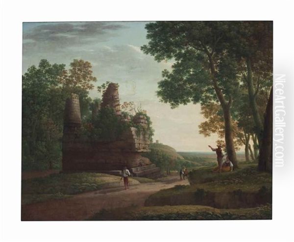 A Pastoral Landscape With Figures Traveling A Tree-lined Path With Ruins, A Man And Woman Resting Beside A Tree by Anthony Devis