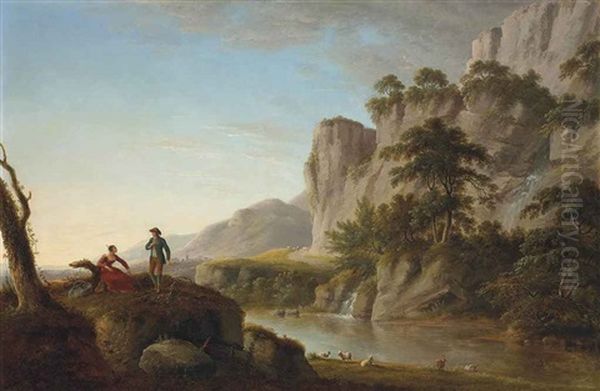 A Pastoral River Landscape With An Elegant Couple Conversing Oil Painting by Anthony Devis