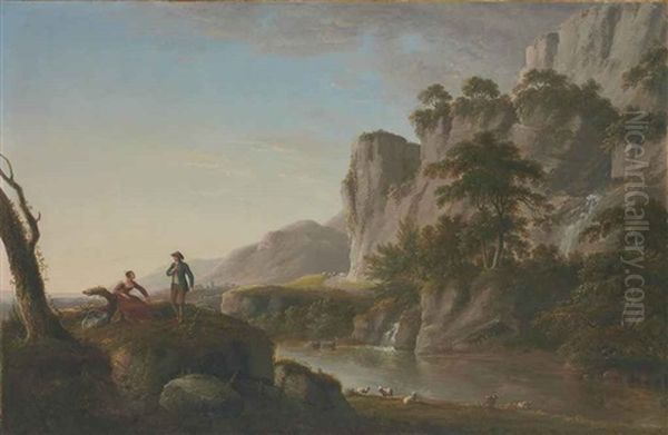 A Bucolic River Landscape With An Elegant Couple In The Foreground Oil Painting by Anthony Devis