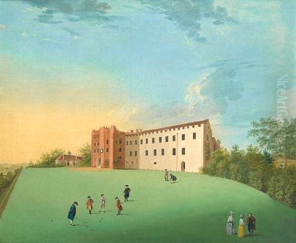 A View Of The Bishop's Palace, Farnham Castle, With Elegant Figures Playing Bowls In The Foreground Oil Painting by Anthony Devis