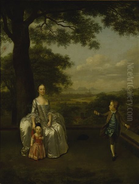 A Lady With Two Children Playing On A Terrace Oil Painting by Arthur Devis