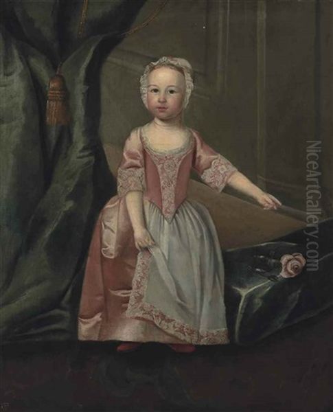 Portrait Of A Young Girl, Traditionally Identified As Catherine Smith Barry (1751-1795), As A Young Girl, Standing Full-length, In A Pink Dress And Bonnet, Before A Blue Curtain Oil Painting by Arthur Devis