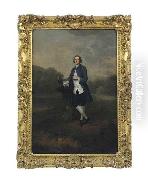 Portrait Of Sir Peregrine Courtenay, Standing Full-length, In A Park, Leaning Against A Tree Trunk In A Blue Coat And White Waistcoat, Holding A Tricorn Hat Oil Painting by Arthur Devis