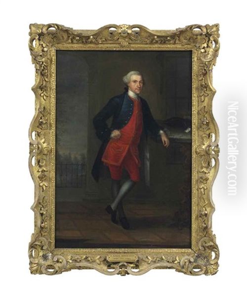 Portrait Of A Gentleman, Traditionally Identified As Robert Banks Hodgkinson, Standing Small Full-length, Wearing A Red Tunic And Breeches, With A Blue Coat Oil Painting by Arthur Devis