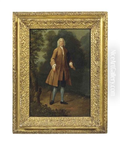 Portrait Of A Gentleman, Full-length, In A Brown Coat And Blue Breeches, With A Walking Stick In His Right Hand And Holding Ears Of Corn In His Left, In A Landscape Oil Painting by Arthur Devis