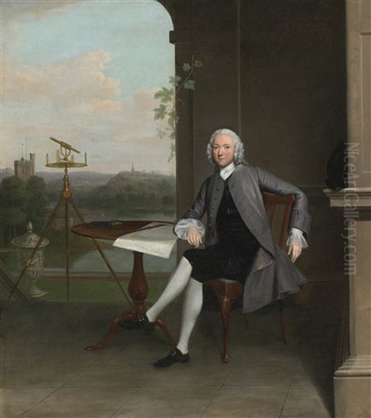 Portrait Of Jonas Hanway, Seated At A Table Beside A Surveyor's Theodolite And A Classical Urn, Overlooking A Landscape Oil Painting by Arthur Devis