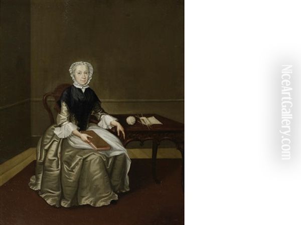 Portrait Of Mrs Wettenhall, Full-length, In A Gold Silk Dress And Black Wrap, Seated In An Interior, Reading Oil Painting by Arthur Devis