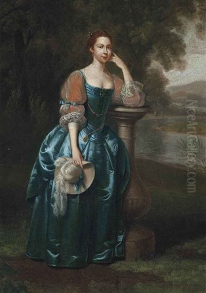 Portrait Of A Lady, Full-length, In A Blue Silk Dress, A Ribboned Hat In Her Right Hand, Standing In A Landscape by Arthur Devis