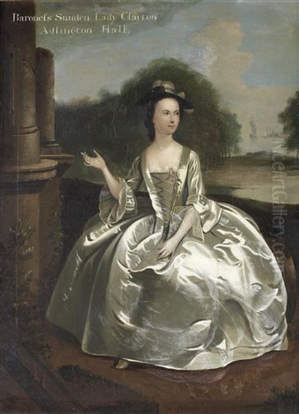 Portrait Of Baroness Sunden, Lady Clayton Of Adlington Hall, Full Length, In A White Silk Dress, In A Park Landscape Oil Painting by Arthur Devis