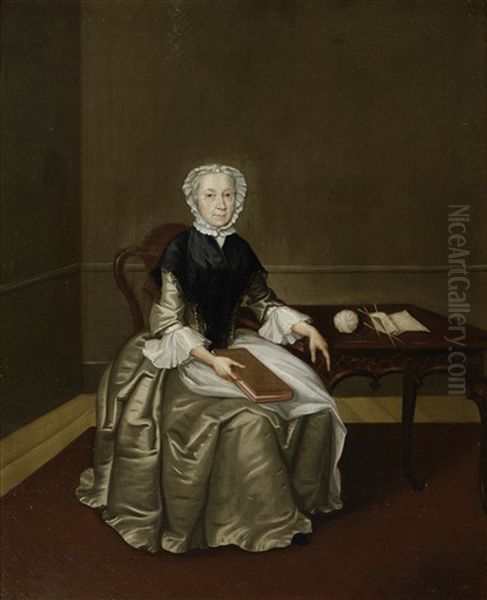 Portrait Of Mrs Wettenhall, Full-length, In A A Gold Silk Dress And Black Wrap, Seated In An Interior, Reading Oil Painting by Arthur Devis