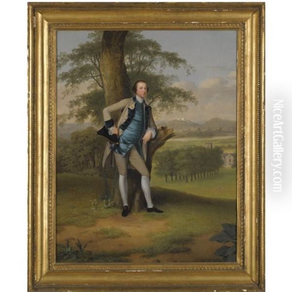 Portrait Of Lord Robert Manners-sutton With St. Peter's Church, Foston Beyond And Belvoir Castle In The Distance by Arthur Devis