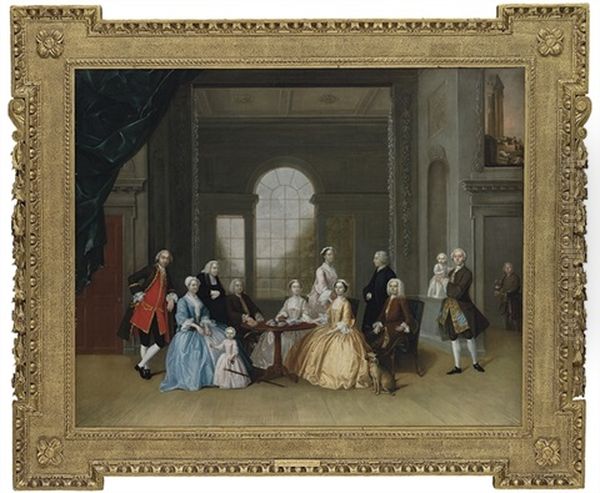 Group Portrait Of John Offley Crewe And His Family, Taking Tea Around A Tripod Table In An Interior Oil Painting by Arthur Devis