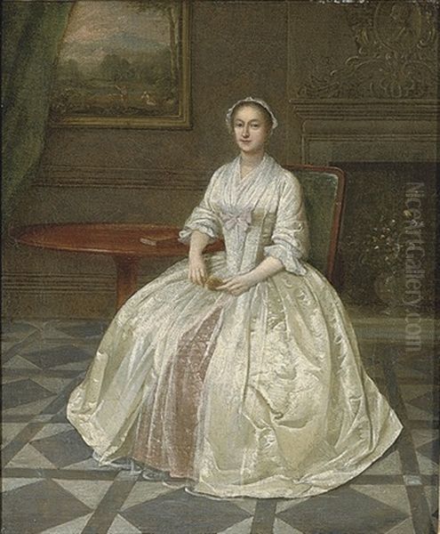 Portrait Of A Lady In A White Dress With Pink Underskirt, Seated Beside A Mahogany Tripod Table Oil Painting by Arthur Devis