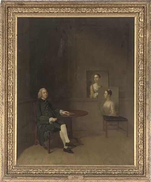 Portrait Of A Gentleman Seated At A Table In An Interior With Two Female Portraits Resting On A Chair Oil Painting by Arthur Devis