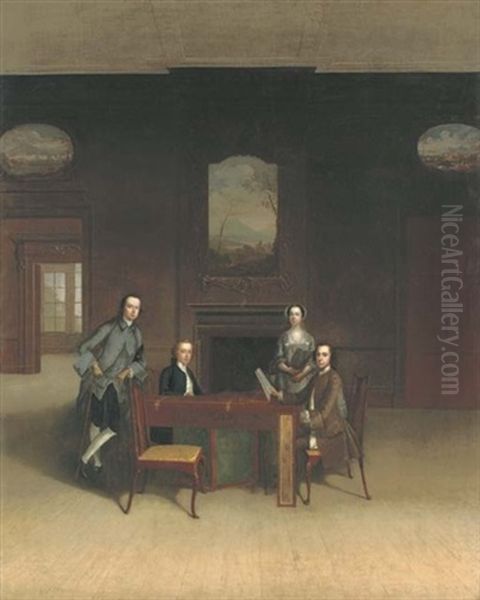 Group Portrait Of A Lady And Three Gentlemen Gathered Around A Harpsichord, In An Interior Oil Painting by Arthur Devis