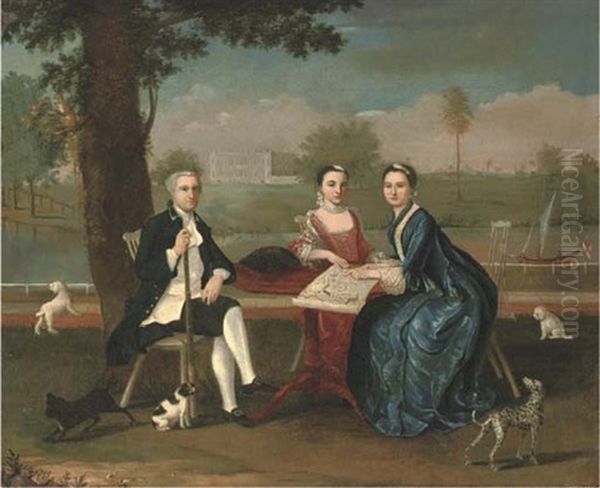 Group Portrait Of A Naval Officer And Two Ladies, Small Full-length, Seated In A Garden, Looking At A Plan Of A Fortification, A River And House Beyond Oil Painting by Arthur Devis