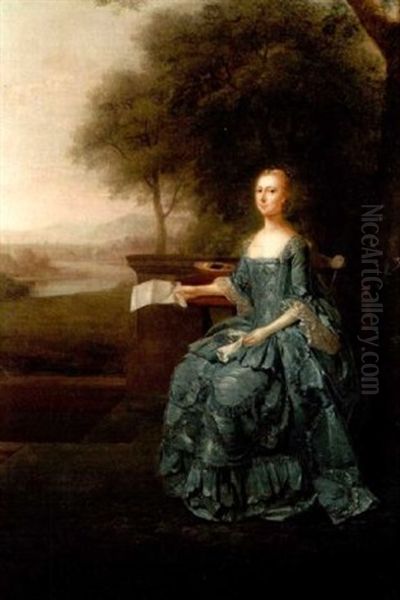 Portrait Of Anne Streatfeild, Nee Sidney, Natural Daughter Of The 7th Earl Of Leicester And Wife Of Henry Streatfeild, In A Blue Silk Dress With White Lace Sleeves, On A Terrace, Holding A Letter Oil Painting by Arthur Devis