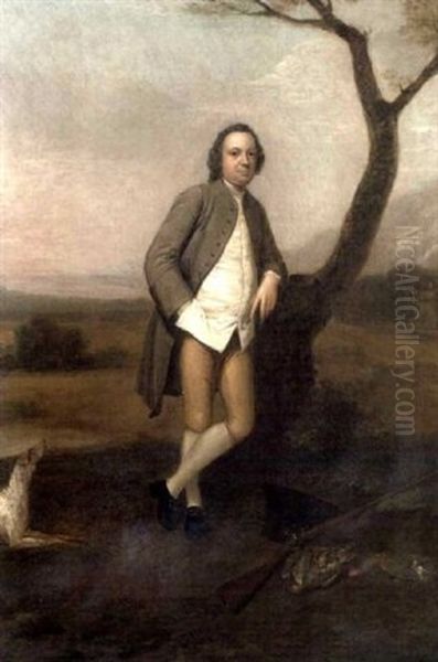 Portrait Of Henry Streatfeild Of Chiddingstone In A Mushroom-coloured Coat, White Waistcoat And Buff Breeches, Leaning On A Tree In A Landscape, With His Hat, Gun And Dog At His Feet Oil Painting by Arthur Devis