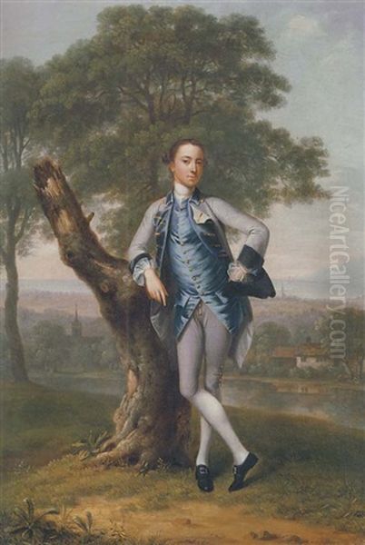 Portrait Of Thomas Bateman Lane In A Grey Suit With A Blue Waistcoat, Holding A Tricorn In His Left Hand, Leaning On A Tree Stump, In A River Landscape With The Sea Beyond Oil Painting by Arthur Devis