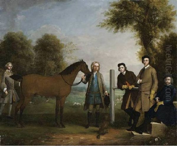 Group Portrait Including Edward Chester, Owner Of Cockenhatch, His Brother Peter, Governor Of Florida, A Groom And The Rev. William Andrew Oil Painting by Arthur Devis