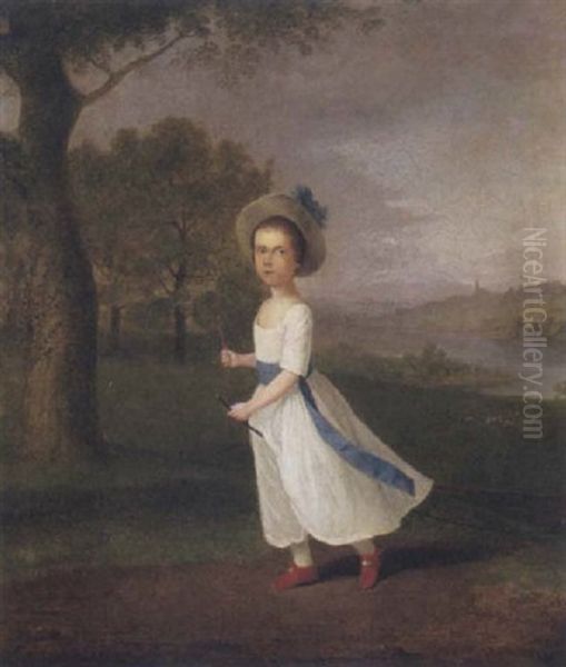 Portrait Of A Young Girl In An Extensive Landscape Wearing A White Dress With Blue Sash And Red Shoes Oil Painting by Arthur Devis