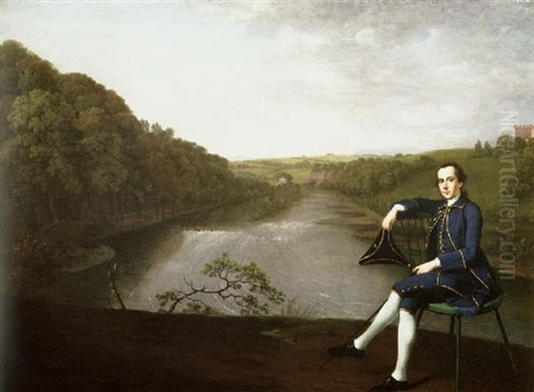 Portrait Of Philip Howard Of Corby Castle, Cumberland, In A Blue Coat, Holding A Tricorn Hat, On A Bank Above The River Eden Oil Painting by Arthur Devis