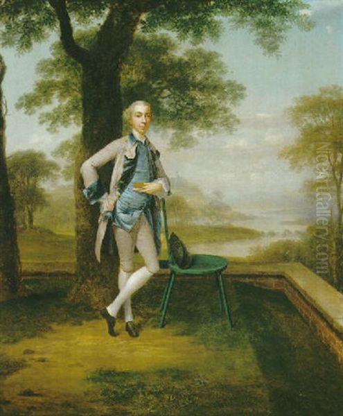 Portrait Of A Gentleman, Full Length, Standing On A Terrace, Wearing A Grey Suit And Blue Waistcoat, A River Landscape Beyond Oil Painting by Arthur Devis