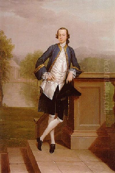 Portrait Of Richard Bull Leaning On A Balustrade With A Formal Graden And Rotunda Beyond Oil Painting by Arthur Devis