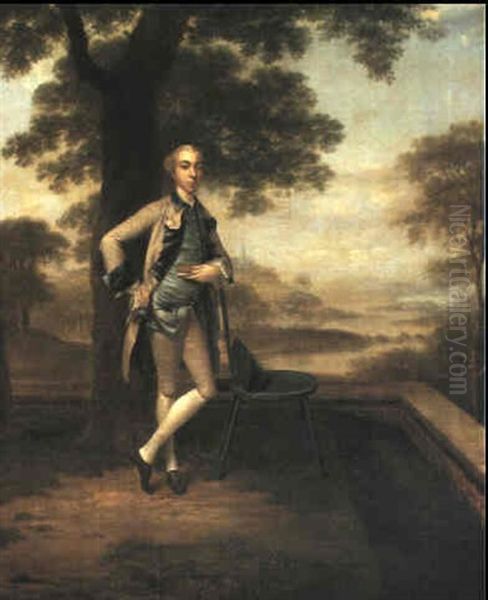 Portrait Of A Gentleman On A Terrace With An Extensive River Landscape Oil Painting by Arthur Devis