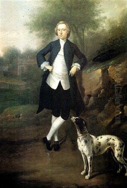 Portrait Of Richard Bodicott, Wearing A Blue Coat, With A Setter By His Side Oil Painting by Arthur Devis