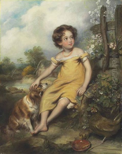 Portrait Of Miss Jemima Whiting, Full-length, Seated, In A Yellow Dress With A Spaniel Oil Painting by Arthur William Devis