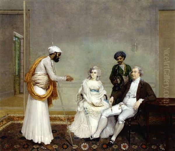 Portrait Of Judge Suetonius Grant Heatly And Temperance Heatly With Their Indian Servants, In An Interior In Calcutta Oil Painting by Arthur William Devis