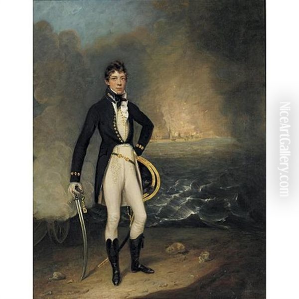 Portrait Of A Naval Officer Leaning On A Sword, A Naval Skirmisch Beyond Oil Painting by Arthur William Devis