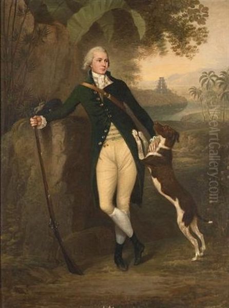 Portrait Of A Gentleman, Standing Small-full-length, In A Green Coat With Cream Breeches His Hand Resting On A Rifle, A Spaniel At His Side, A View To A Gopuram Of A Southern Indian Temple Beyond Oil Painting by Arthur William Devis