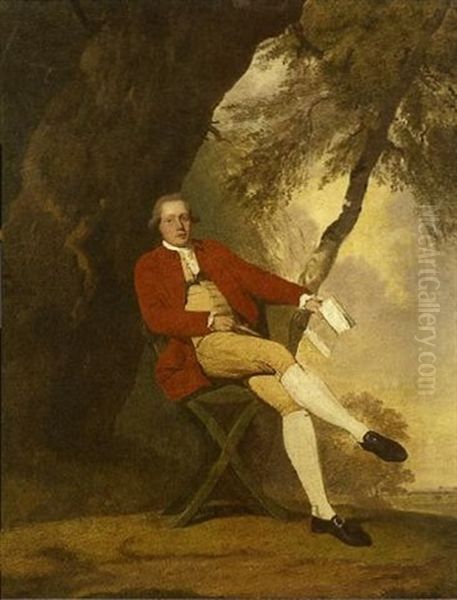 Portrait Of Squire Austin In A Red Coat With Yellow Waistcoat And Breeches, Holding A Book In His Left Hand Oil Painting by Arthur William Devis