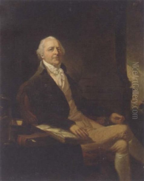 Portrait Of A Gentleman, Seated, In A Black Jacket, White Cravat And Waistcoat, With Some Books And A Medical Jar Beside Him Oil Painting by Arthur William Devis