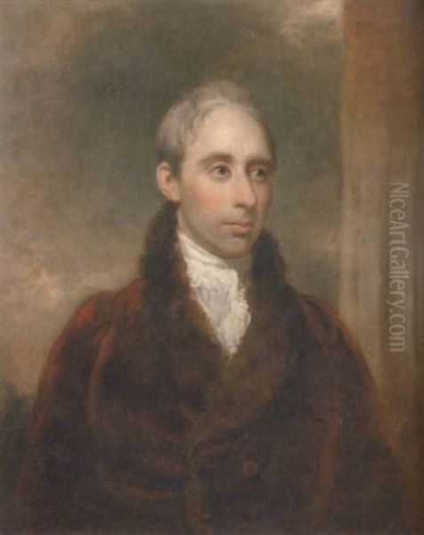 Portrait Of Henry Heneage St. Paul, M.p. For Berwick, In A Red Velvet Coat Trimmed With Fur And A White Cravat, Beside A Column With A Landscape Beyond Oil Painting by Arthur William Devis