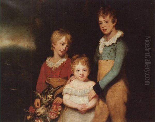 Portrait Of The Langton Children - Skinner Zachary, Richard And George Oil Painting by Arthur William Devis