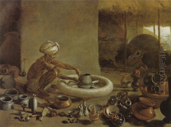 The Pottery: A Koonar Or Bungalee Potter Finishes A Vessel On His Wheel, Nearby Are The Rude Instruments Of Fabrication. Oil Painting by Arthur William Devis