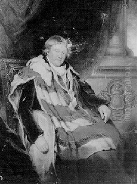 Portrait Of Viscount Curzon, Aged 89, Before A Carved Stone Column Oil Painting by Arthur William Devis