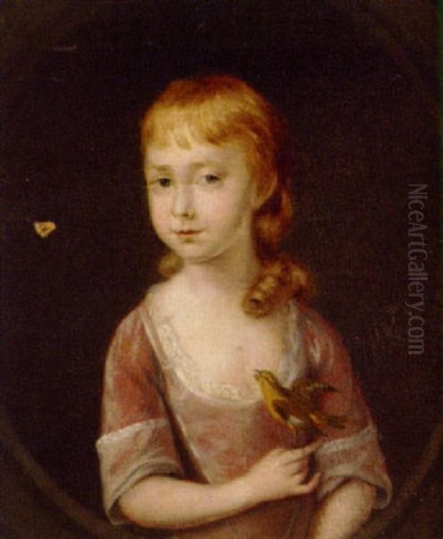 Portrait Of A Young Girl In A Pink Dress, A Finch Perched On Her Right Hand Oil Painting by Thomas Anthony Devis