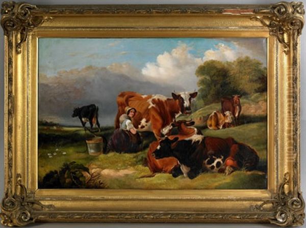 Pastoral Landscape With A Young Woman Milking A Cow Oil Painting by Francis Daniel Devlan