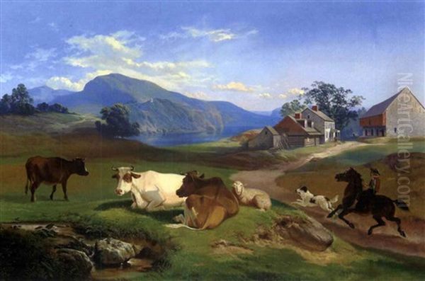 Pennsylvania Farm Scene With River And Mountains Oil Painting by Francis Daniel Devlan