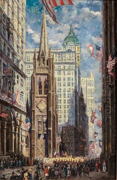 Trinity Church And Wall Street Oil Painting by Frederik Usher Devoll