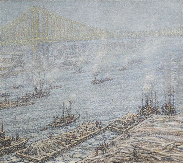 East River, New York, Winter (from Brooklyn Bridge) by Frederik Usher Devoll