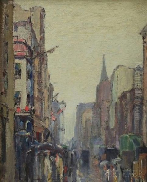 Street Scene In Rain Oil Painting by Frederik Usher Devoll