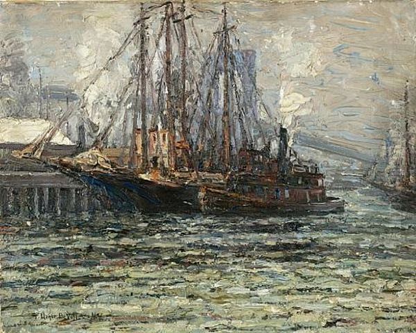 Shipping Under The Brooklyn Bridge Oil Painting by Frederik Usher Devoll